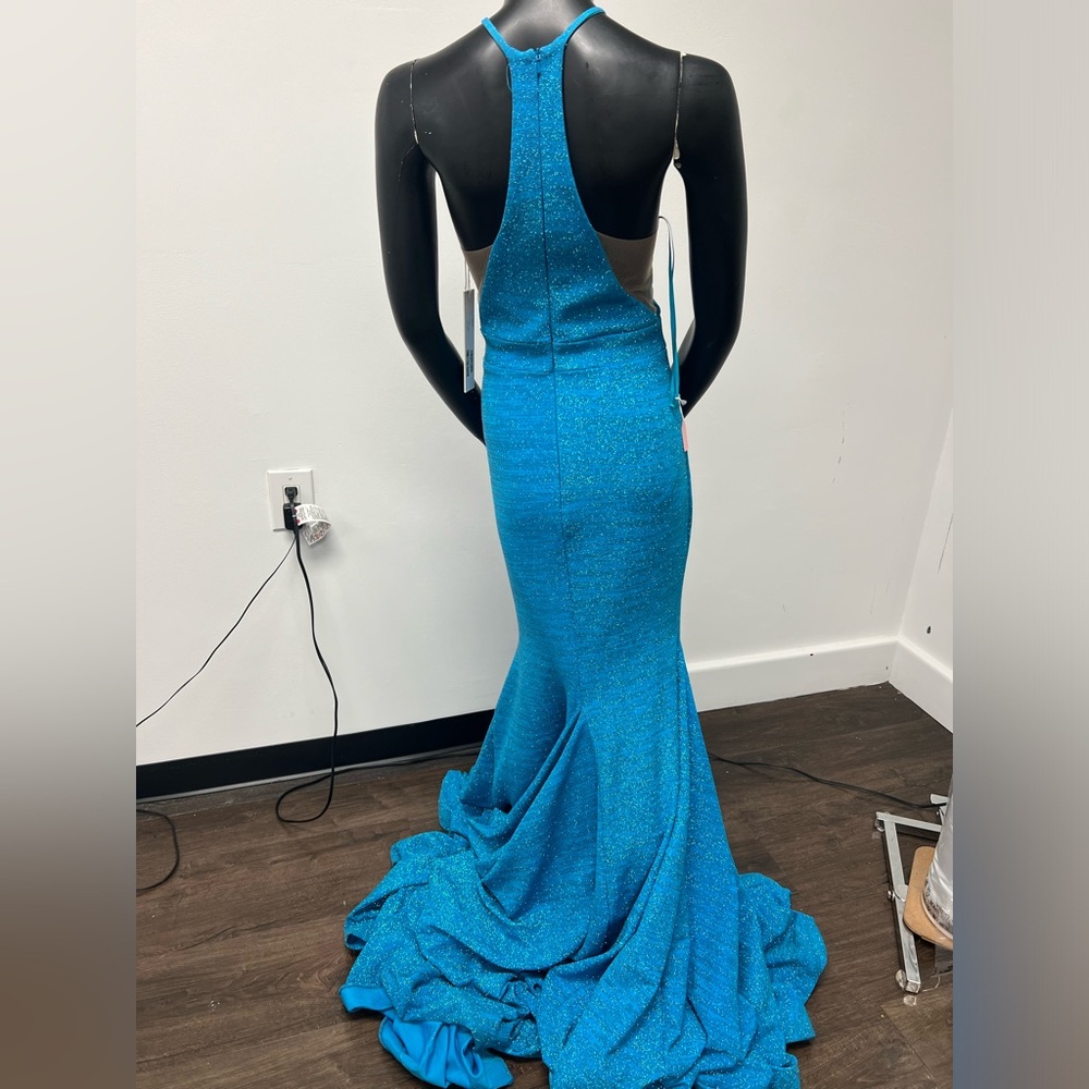 Jovani 67563 Size 4 Ocean Blue High Neck With Mesh Long Dress With Train NWT - Picture 2 of 6